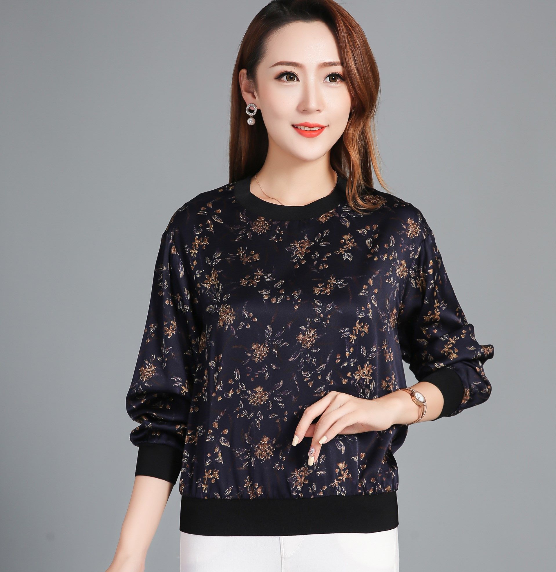 丽人一身1790秋季新品真丝罗纹花色女装上衣t恤