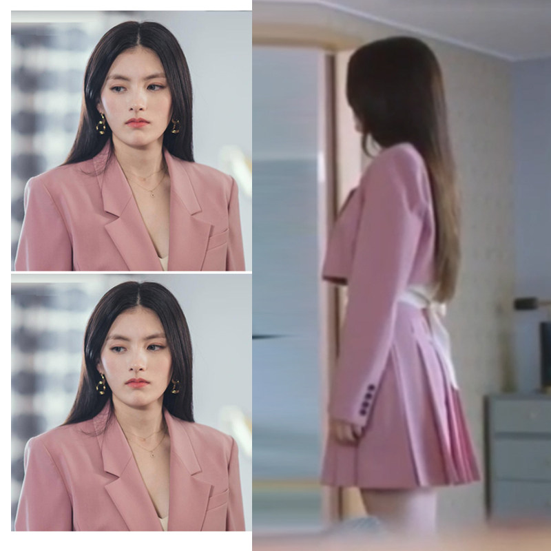 九尾狐传金容智宥利同款粉色西装半身套装春季时尚套装