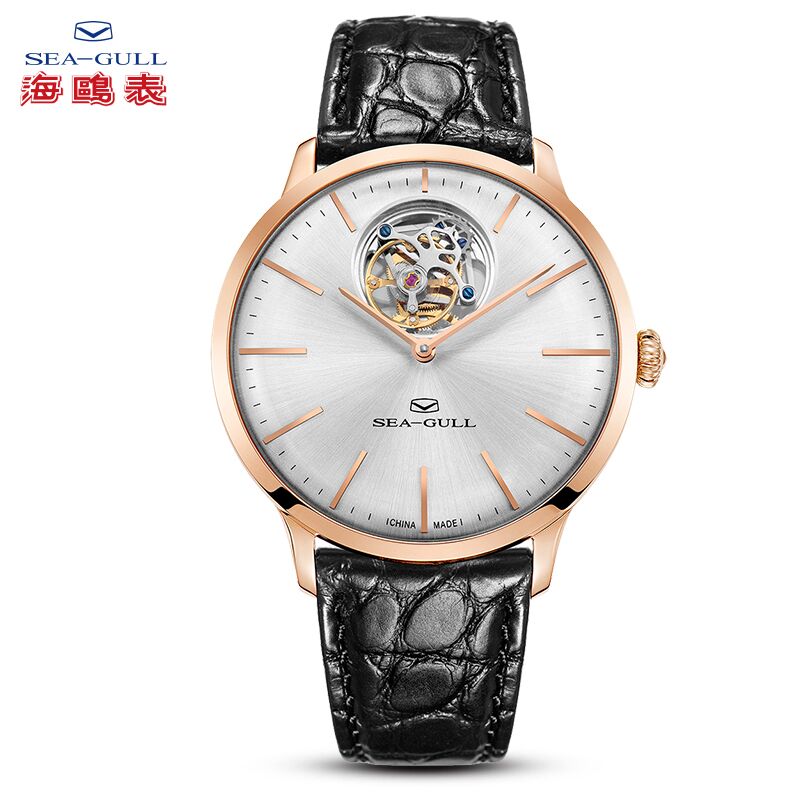 Seagull海鸥手表鳄鱼皮表带18K金镂空机械男表陀飞轮618.663