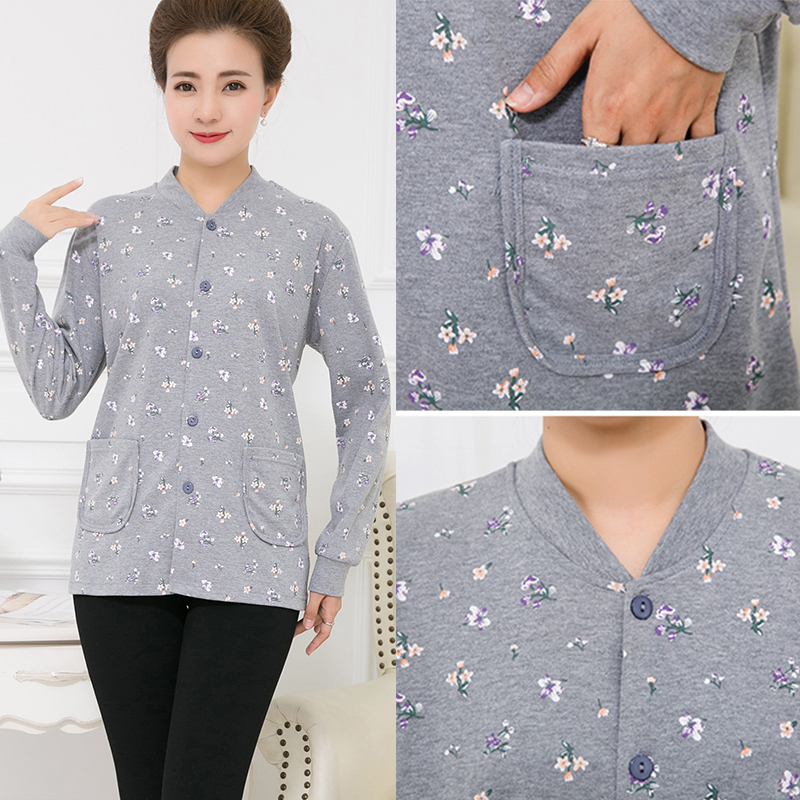 中老年人开秋衣女士妈妈对襟纯棉内衣单件全棉保暖上装