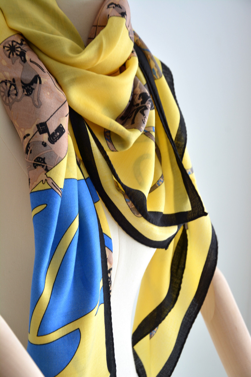 法国经典马车厘米高支纯羊羊毛印花女士秋冬围巾