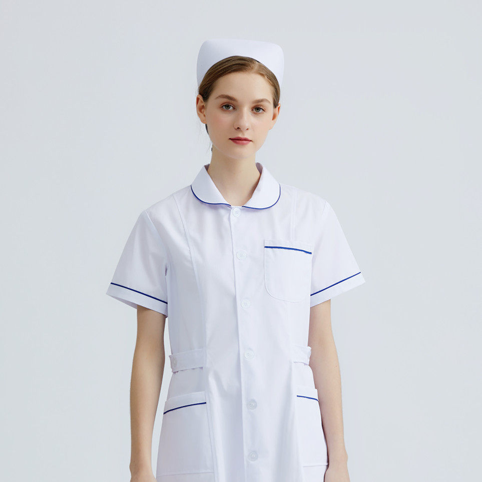 南丁格尔护士服短袖女夏季薄娃娃领蓝边白大褂医院实习医护工作服