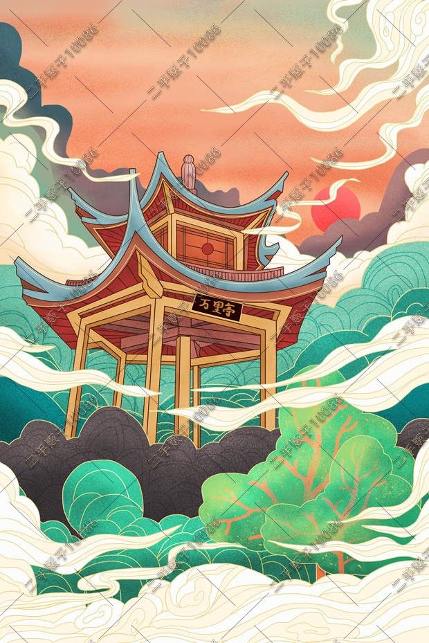 中式传统手绘元素古风建筑凉亭中国国风仙境设计素材