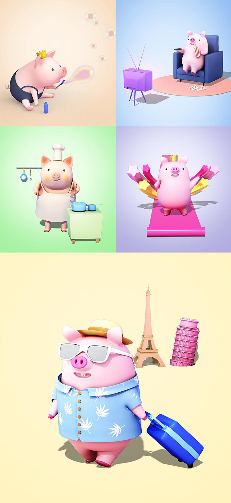 5款猪年卡通可爱小猪3d立体形象插画海报设计素材