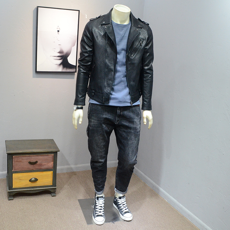 个性潮牌翻领短款修身皮衣男秋季青年韩版机车口袋拉链皮夹克外套