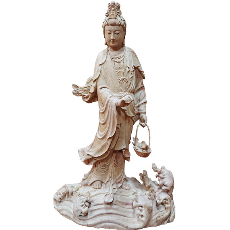 佛像木雕鱼篮观音摆件家居供奉实木木鱼篮观木雕