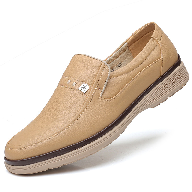 夏季米皮鞋爸爸中年休闲鞋男士商务透气米色真皮休闲皮鞋