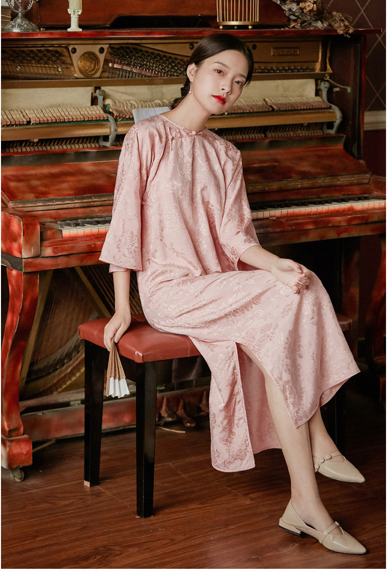 中式复古女民国风提花圆领盘扣倒大年轻款少旗袍