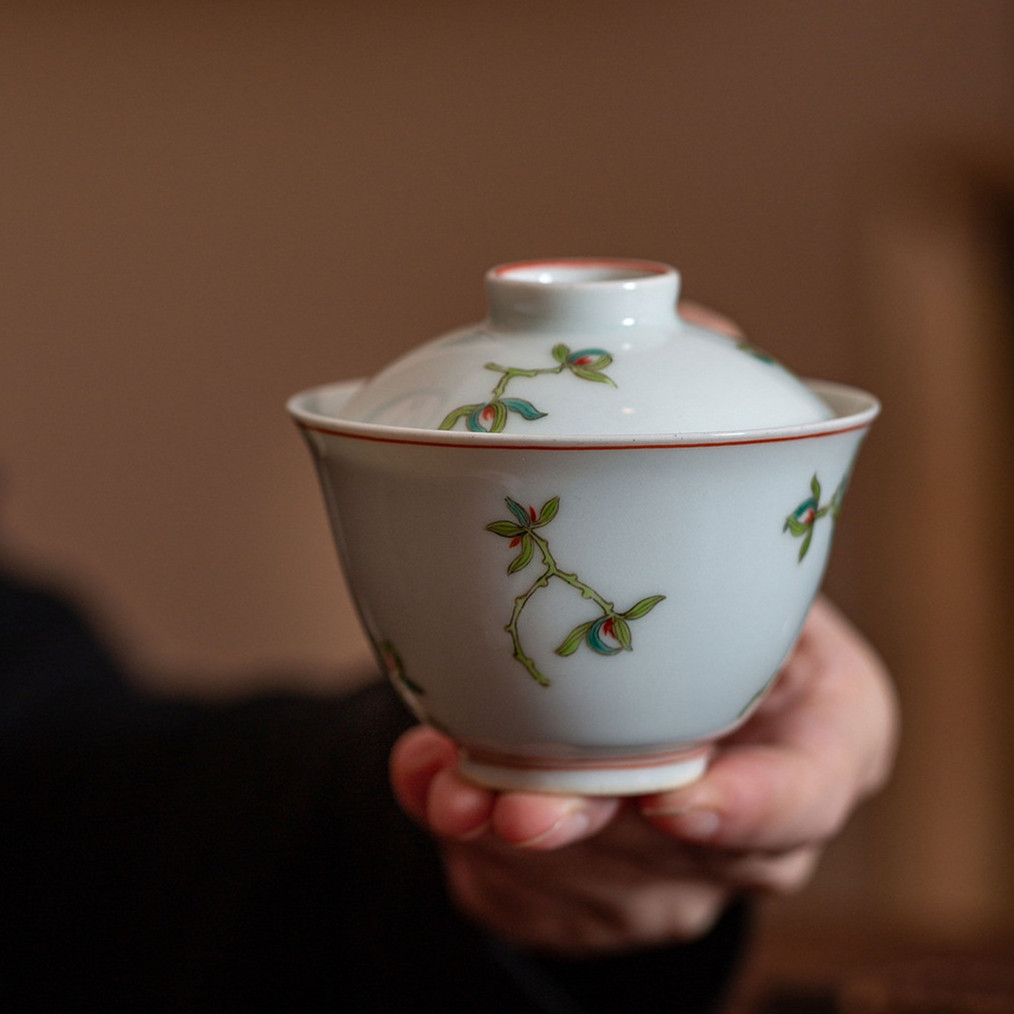 泡茶祥云陶瓷手工茶杯盖碗茶盖碗兰花手绘绿彩盖碗