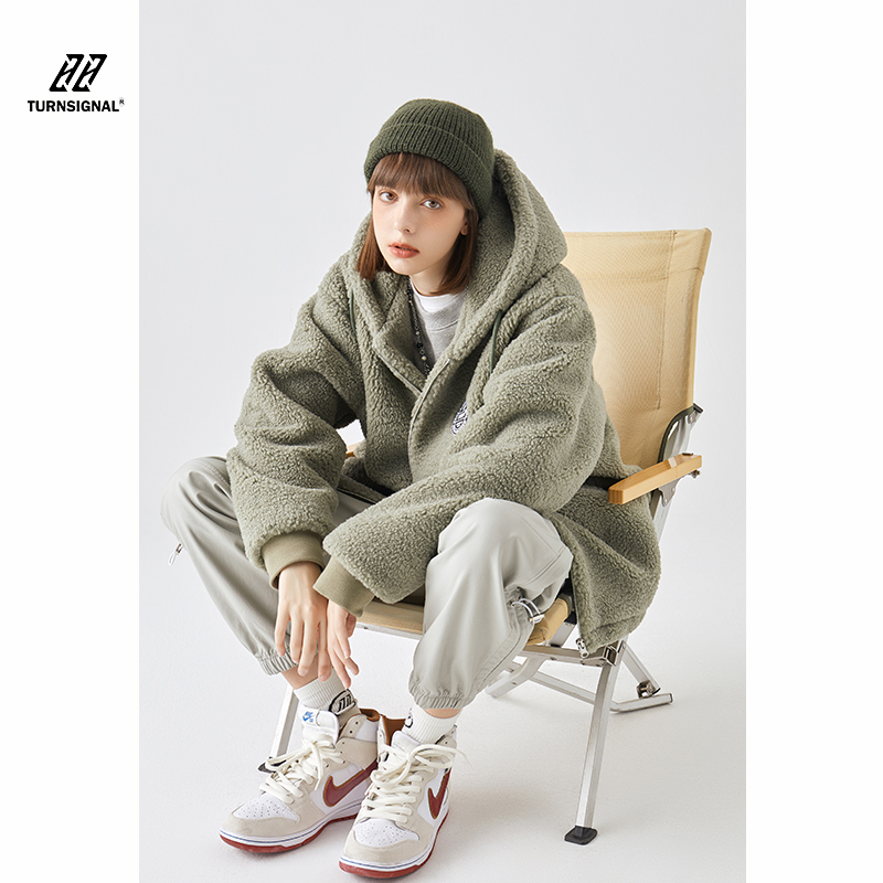 Turn Signal潮牌摇粒绒外套女秋冬加绒加厚羊羔毛连帽绒外套冬季