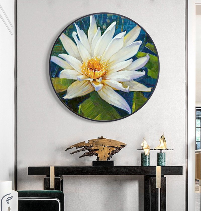 现代简约手绘油画睡莲轻奢挂画玄关背景墙荷花装饰画油画