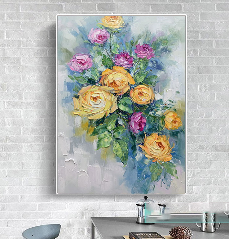 手绘油画黄色花卉抽象客厅装饰画北欧玄关餐厅油画