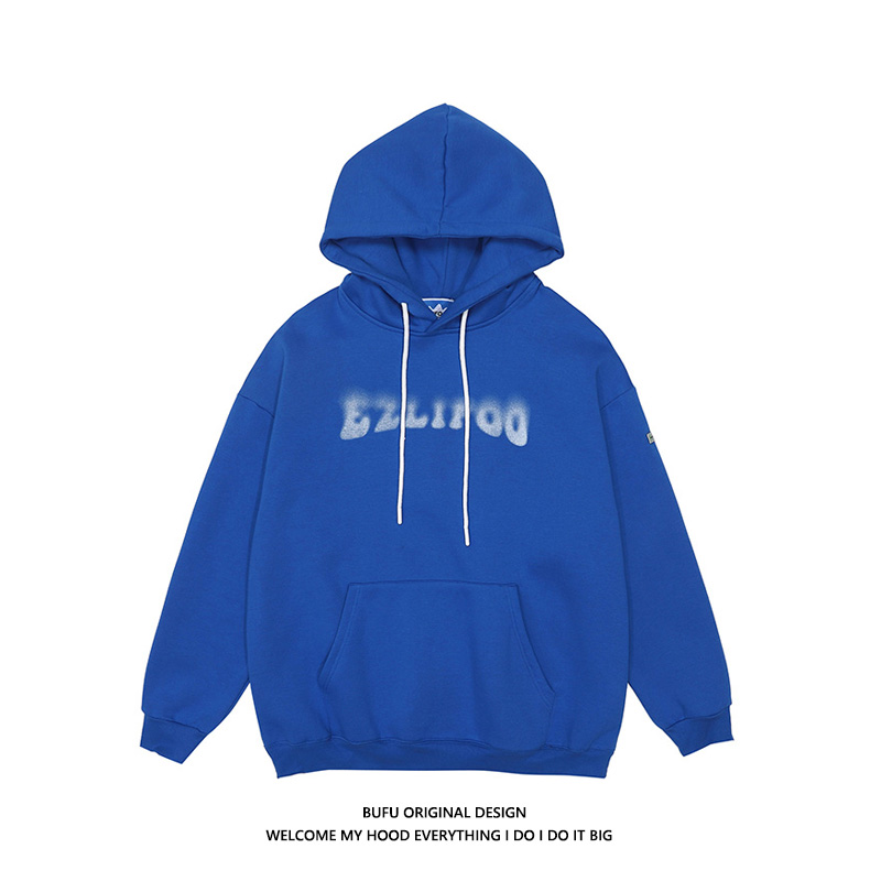 亿万少年国潮牌嘻哈克莱因蓝连帽卫衣男女情侣甜酷风辣妹加绒帽衫