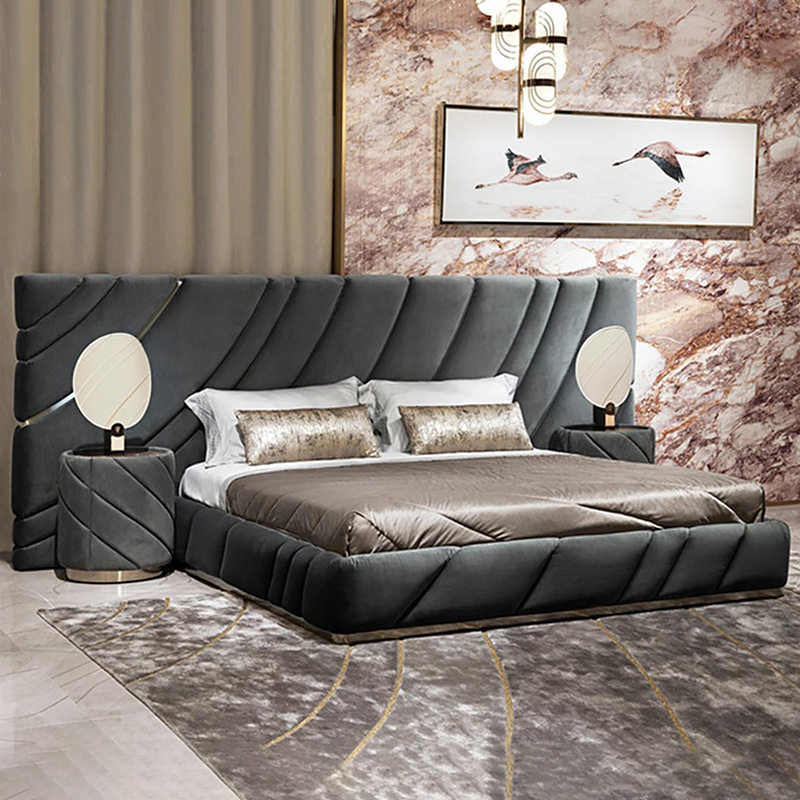 意式轻奢visionnaire宽屏条纹磨砂绒布大床别墅豪宅皮艺床