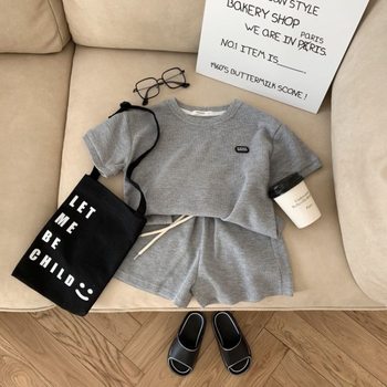 23 Summer Clothes Korean Style Thin Street Children's Clothing Cotton Waffle Children's Two-piece Set for Boys and Girls Baby Casual Suit