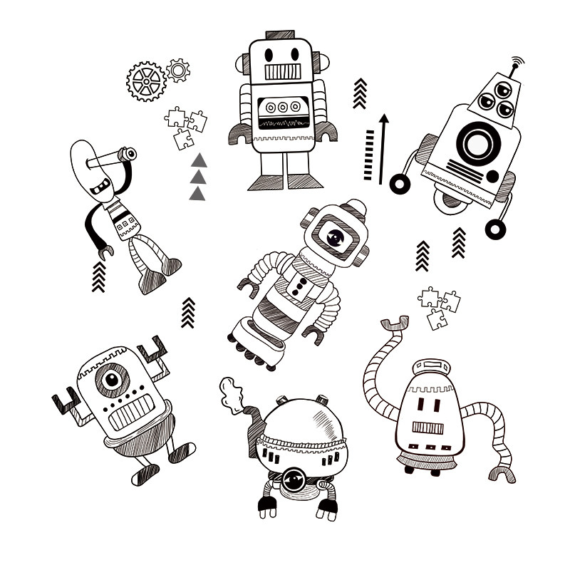 手绘人工智能机器人贴纸个性卡通男孩男孩儿儿童卧室墙贴