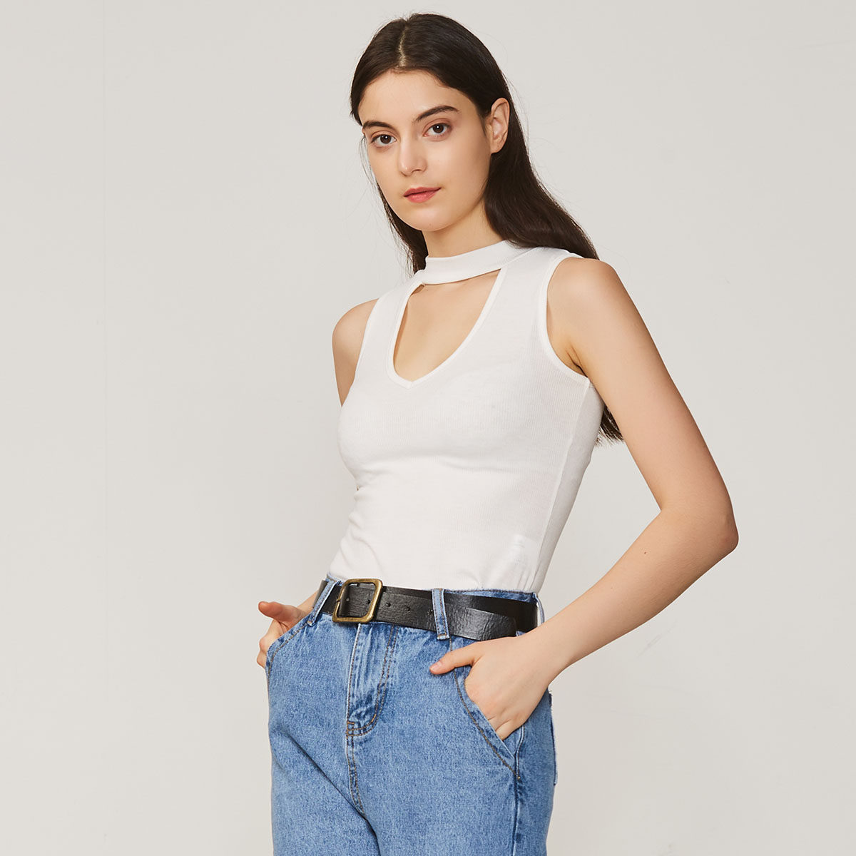 女薄款asobio女装恤女上衣修身无袖圆领性感镂空t恤