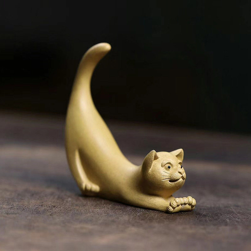 宜兴原矿段泥纯手工紫砂雕塑吉祥摆件瑜伽猫茶茶宠摆件