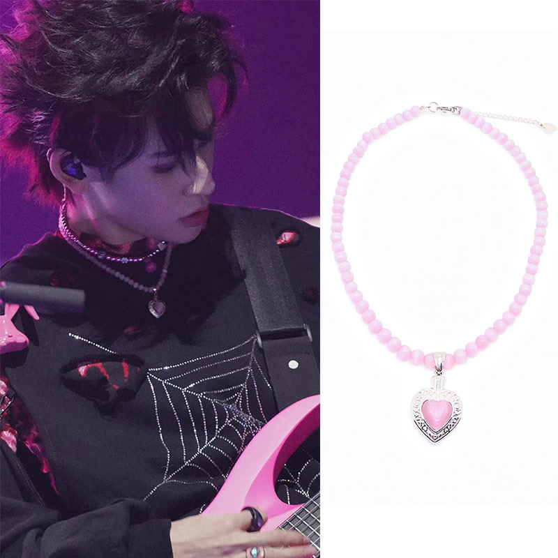 小鬼王琳凯同款粉红色爱心猫眼石项链圈钛钢男男女项链