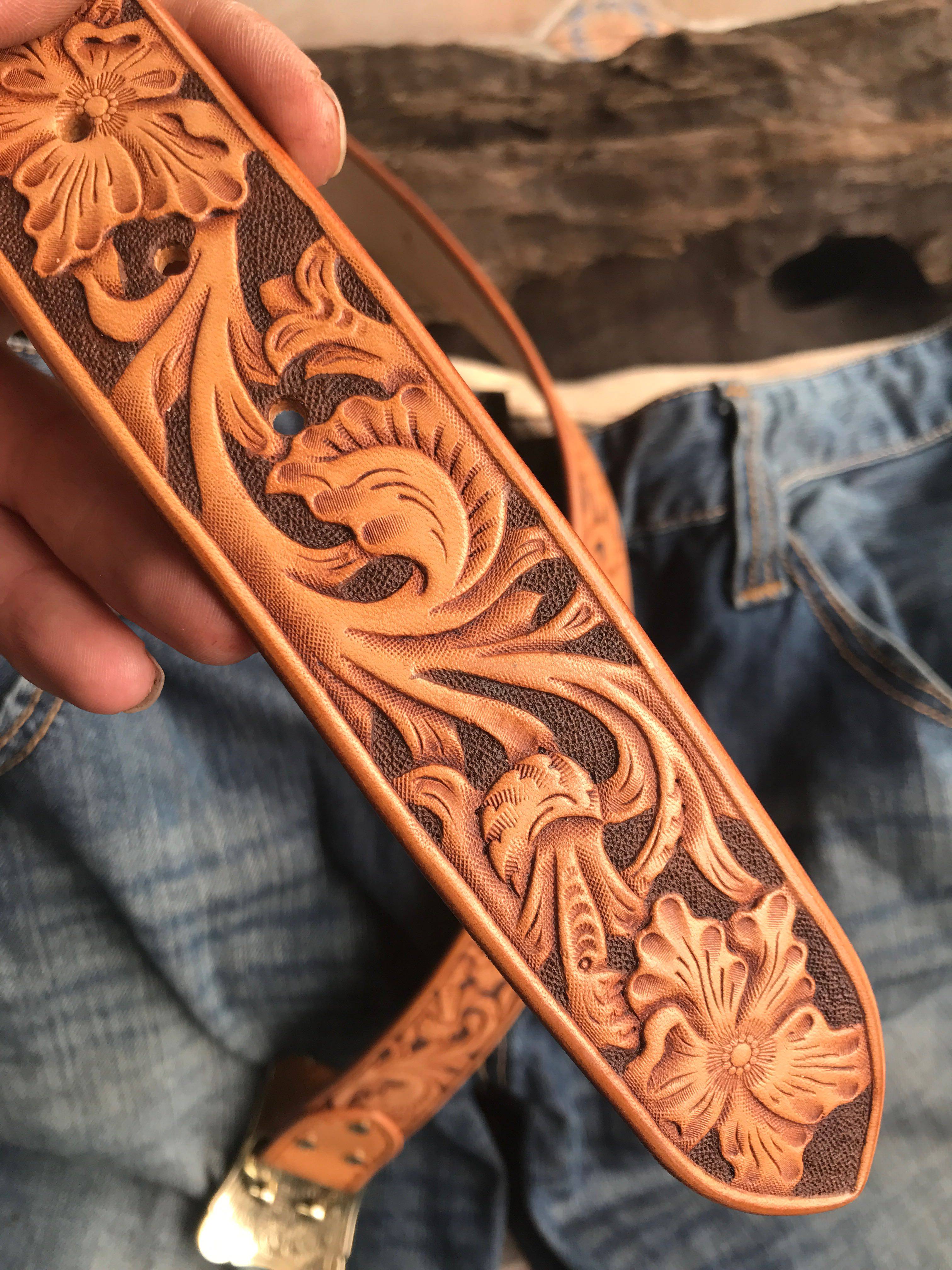 皮具原创植鞣复古休闲机车手工雕刻唐草腰带其他配件