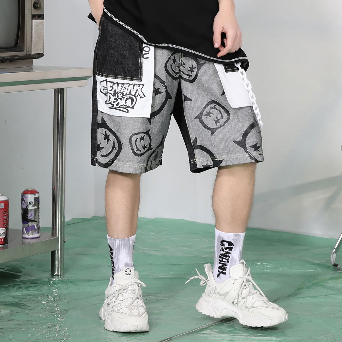 genanx闪电潮牌牛仔短裤夏季2021新款印花立体休闲裤