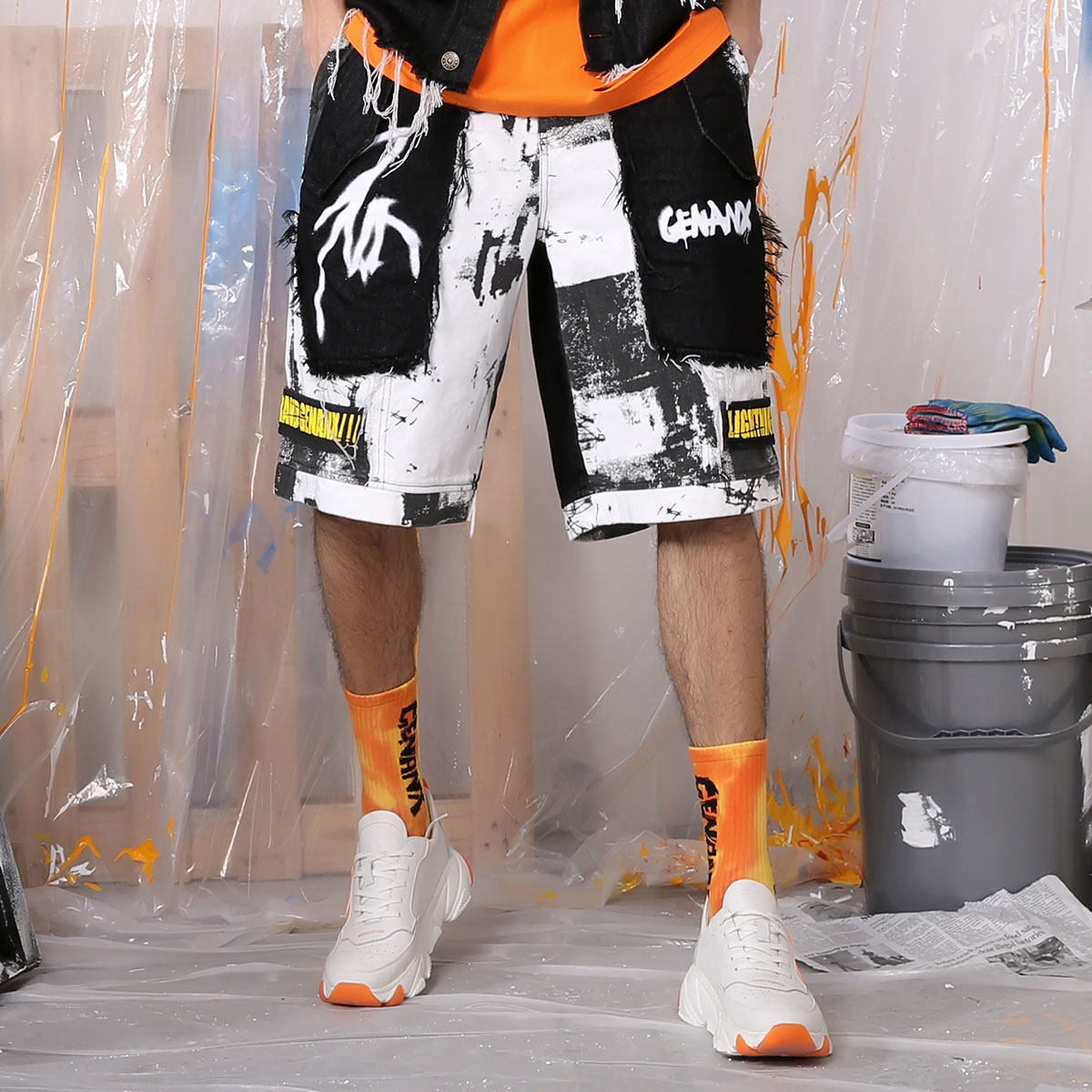 genanx闪电潮牌裤子男韩版潮流新款拼接印花夏季休闲裤
