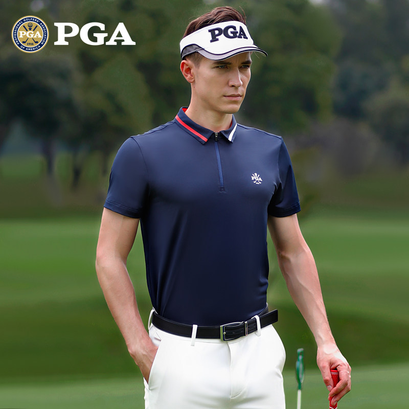 pga高尔夫服装男士短袖拉链立领夏季运动球服高尔夫服装