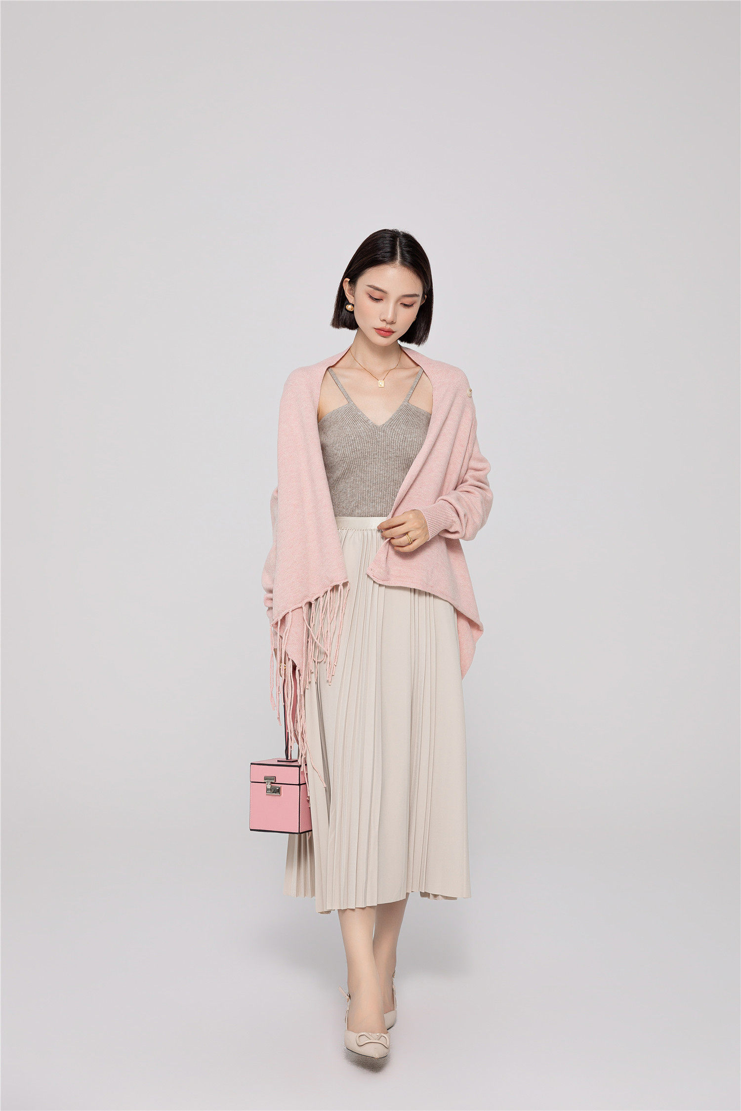 纯色米白半身宽松高腰百褶裙大摆裙女简约百搭半身裙