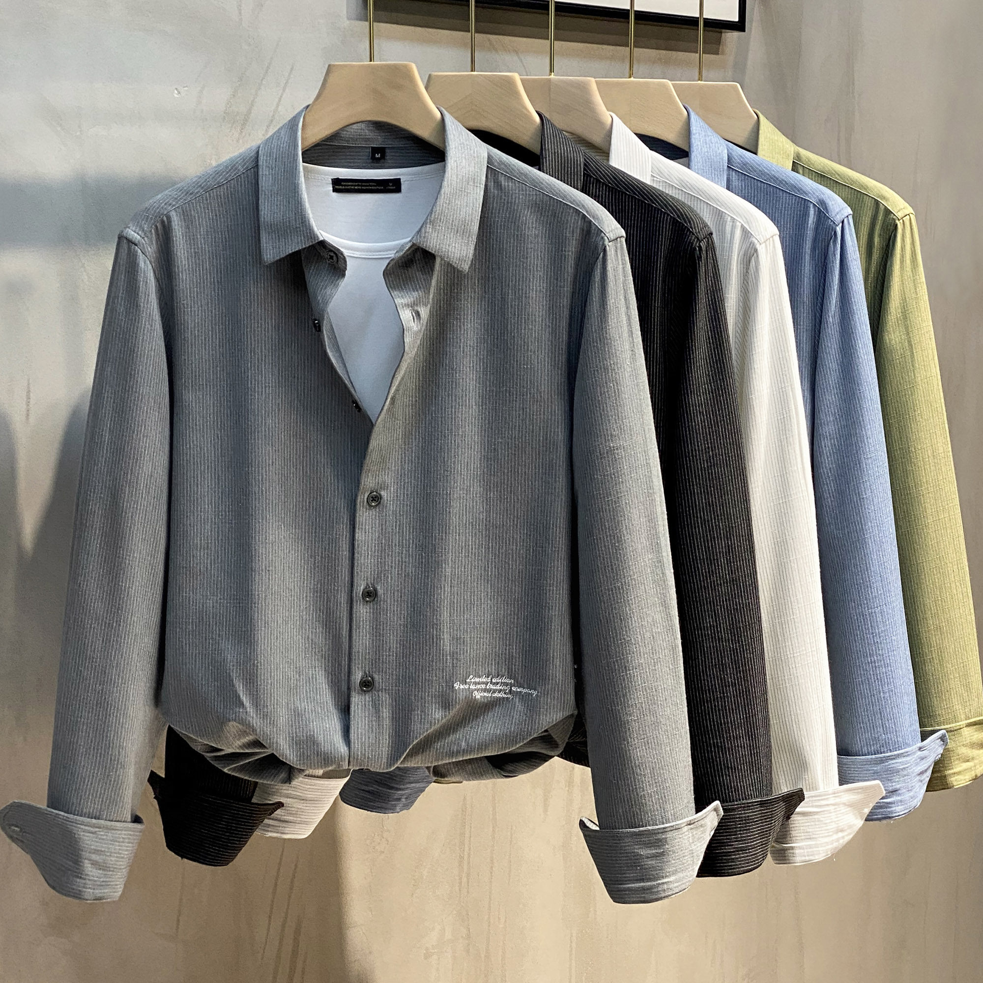 休闲衬衫长袖外套潮流衣服男装日系条纹商务衬衫