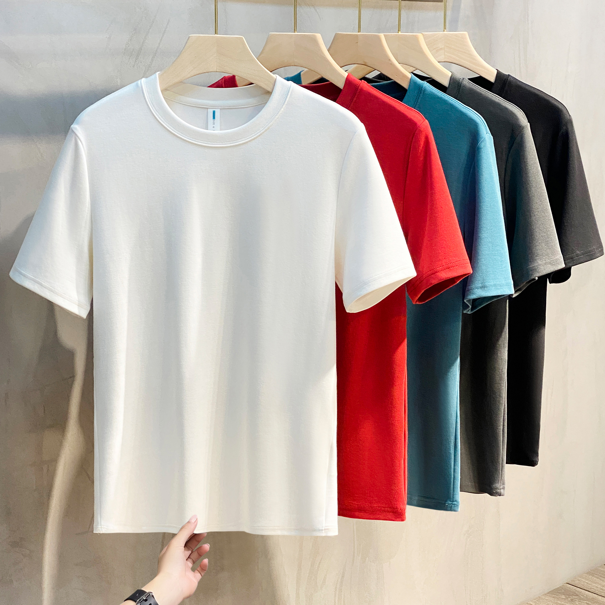 2022春夏新款纯色丝光棉短袖T恤韩版白红色半袖T恤男装打底衫上衣