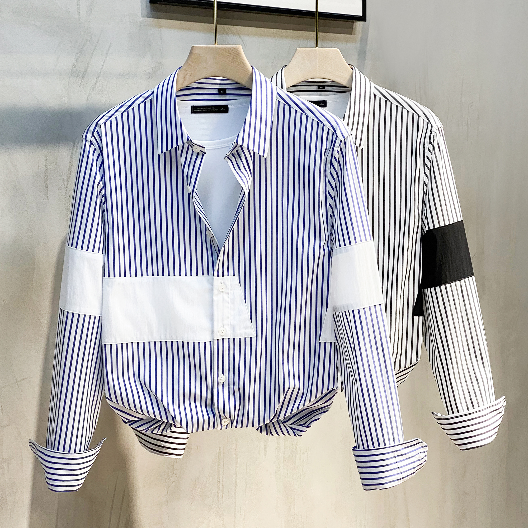 男士竖条纹衬衫长袖韩版拼接潮流韩版高级感衬衣帅气休闲2022春秋