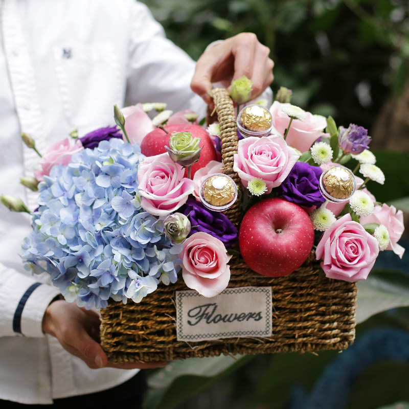 七夕节苹果手提花篮生日鲜花速递南京杭州深圳成都鲜花速递同城