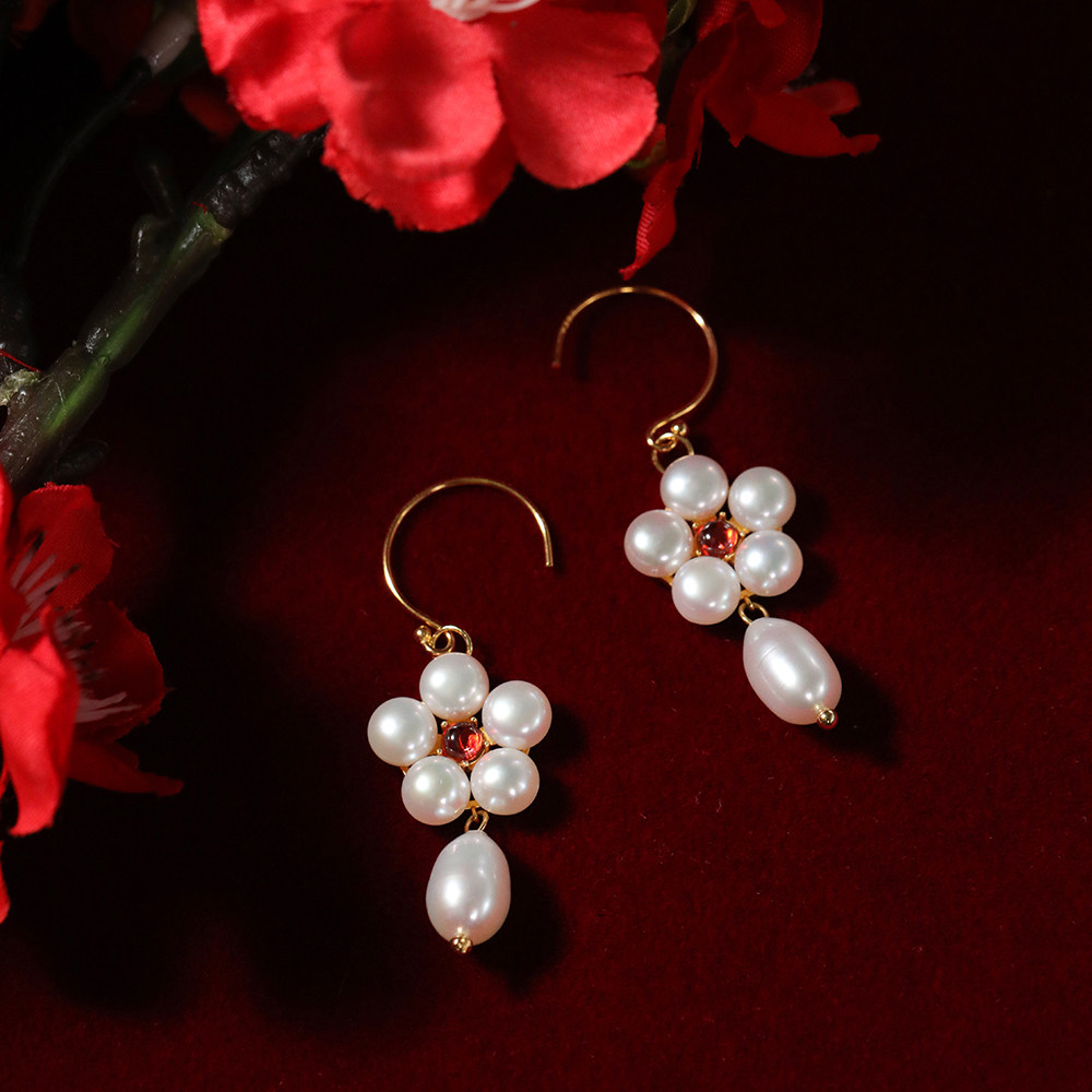 御宝传统古法梅花耳坠项链璎珞足银镀金鎏金耳环