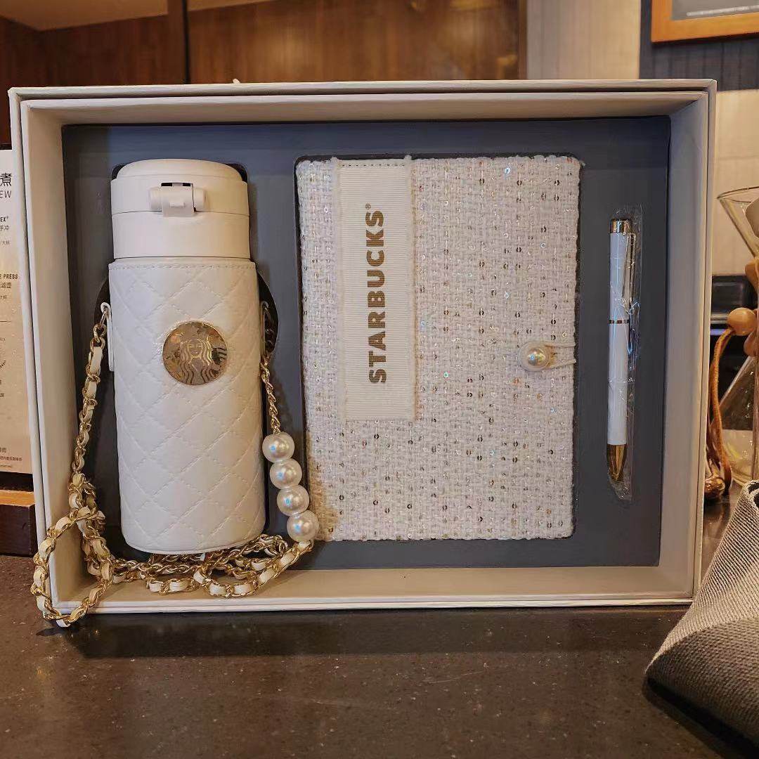 星巴克2021夏季355ml纯白保温杯笔记本套装不锈钢杯套杯子套装