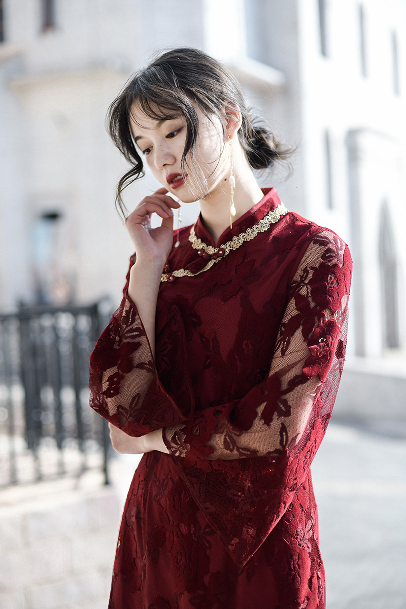 苏以 胭脂扣 红色蕾丝改良版旗袍式年会连衣裙女秋冬气质典雅