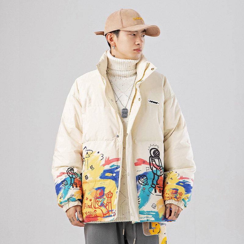 手绘涂鸦羽绒服男冬季加厚2021年新款潮牌白鸭绒短款国潮情侣外套