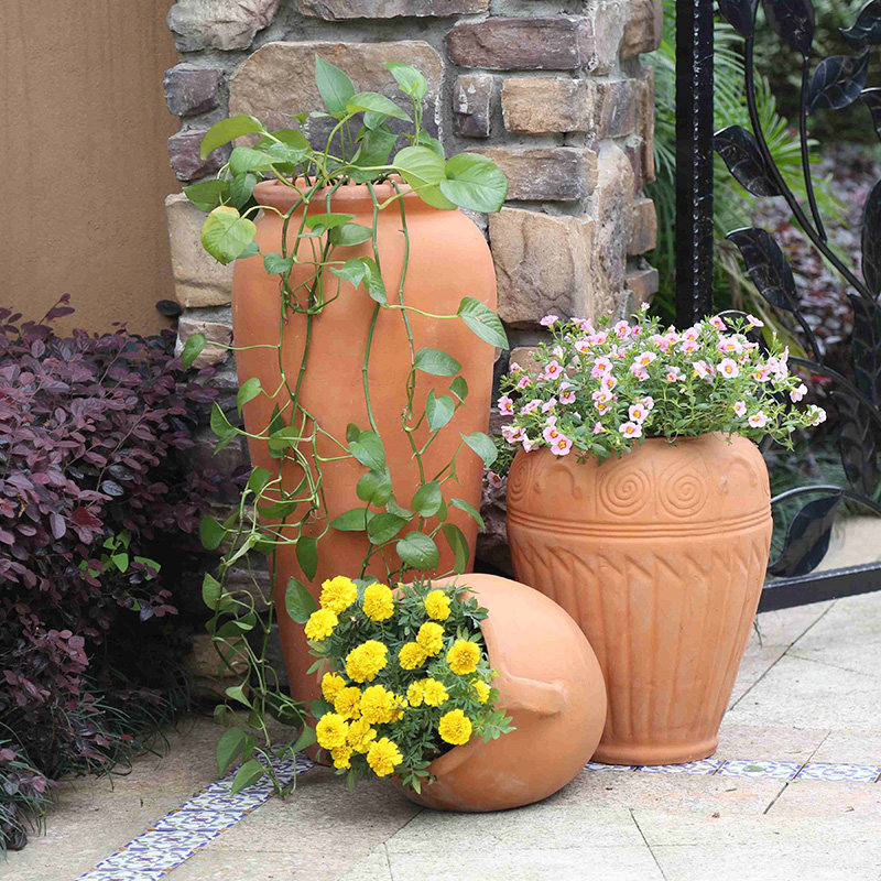 户外大红陶盆园林景观陶罐欧式庭院花盆粗陶瓷花瓶组合破损包赔