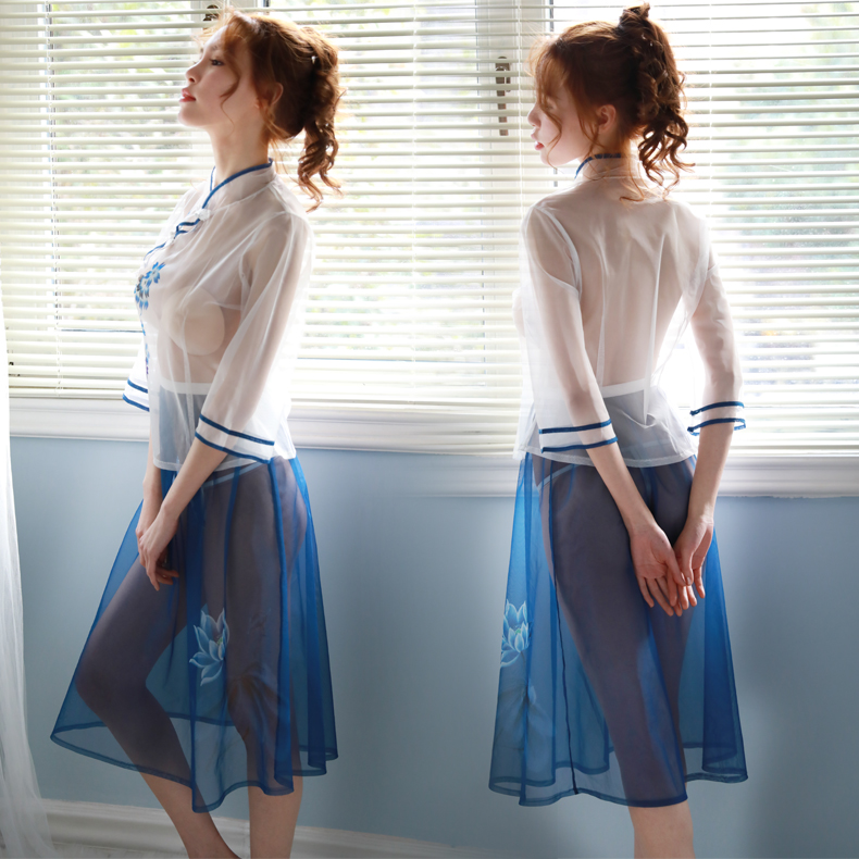透明女夏薄纱复古民国国风透视睡裙欢襟旗袍睡裙