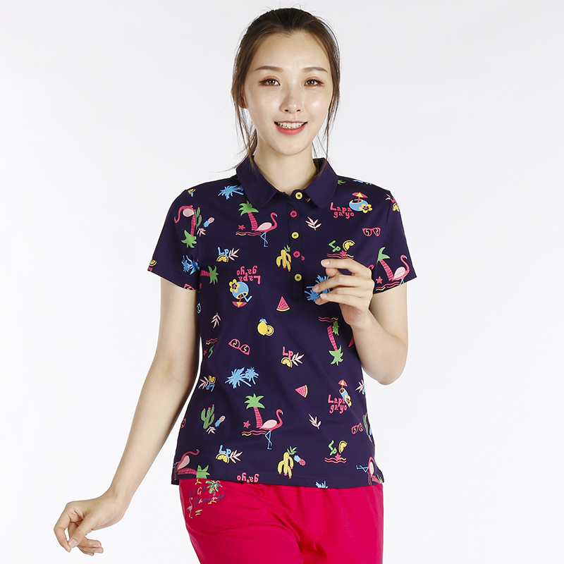 lapagayo拉柏家雅女装针织弹力印花polo修身休闲t恤