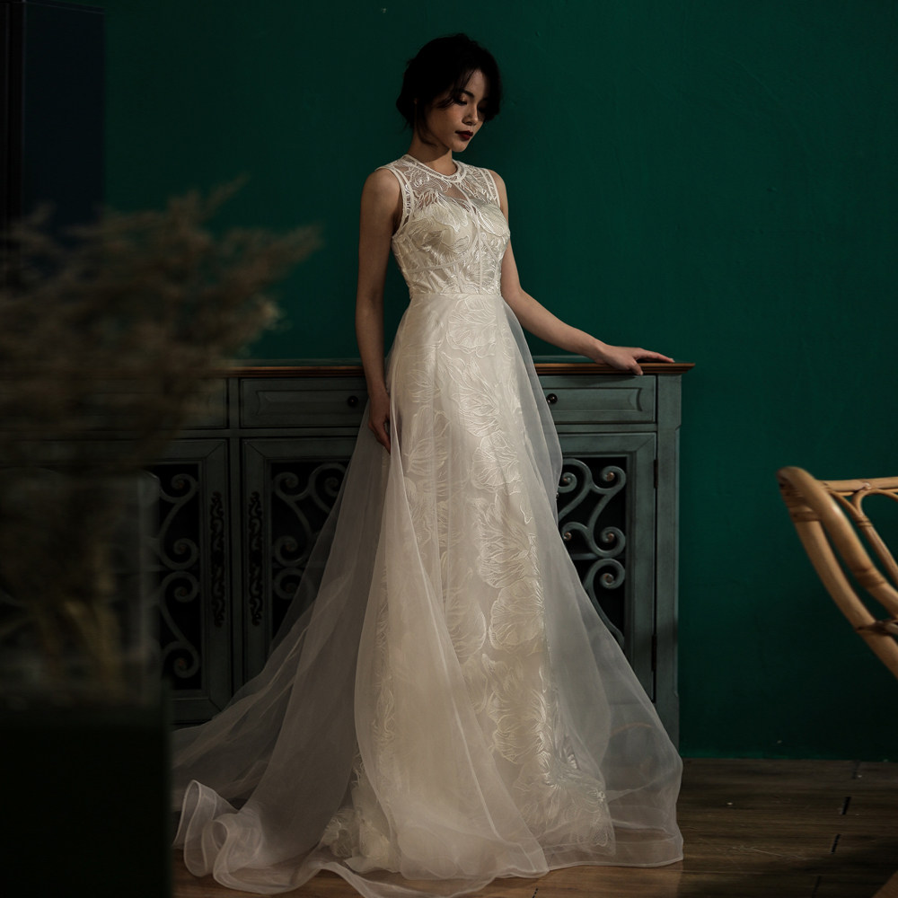 采佳轻主婚纱2021新款气质欧根纱超小个子森系婚纱