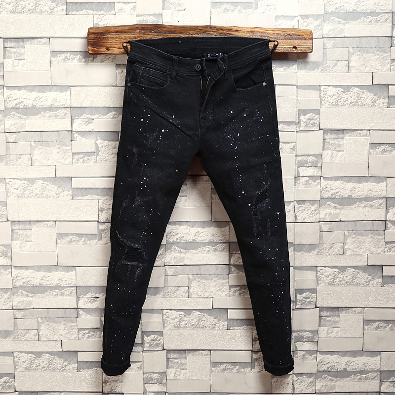 牛仔裤男潮流猫须破洞泼墨长裤韩版弹力修身纯黑色显瘦修身小脚裤