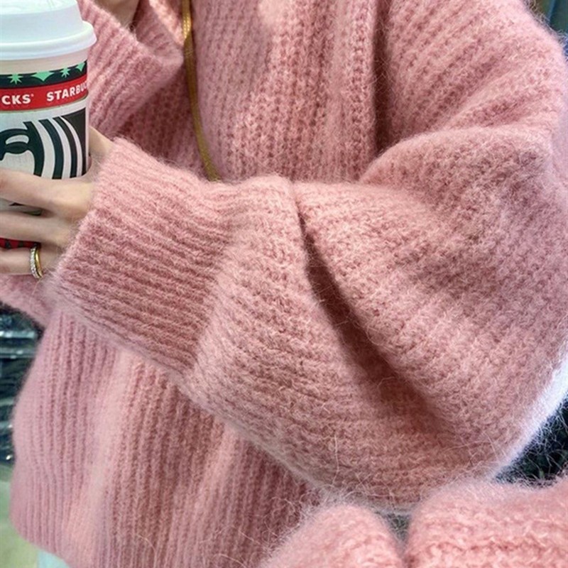 韩系慵懒风粉红色宽松套头初恋感粉色毛衣女2022年秋冬季洋气羊绒