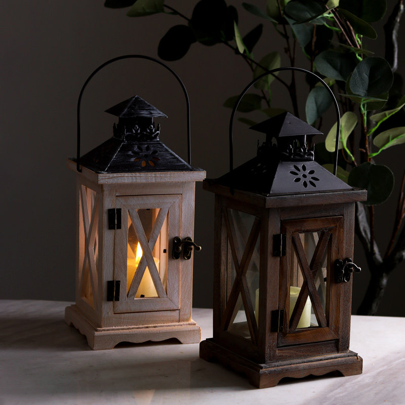 欧式复古烛台玻璃风灯摆件做旧花园装饰防风手提马灯木质灯笼装饰