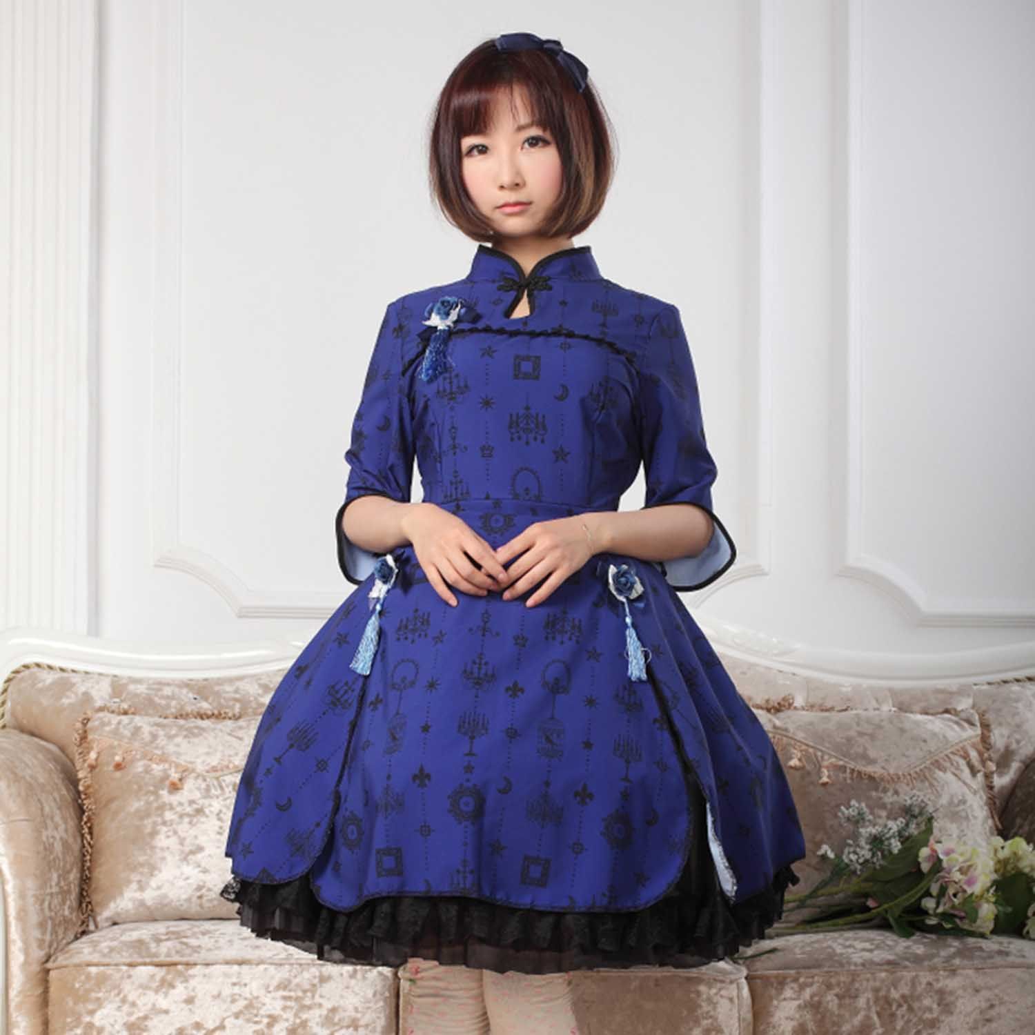 原创复古名媛淑女印花洛丽塔连衣裙小洋洋装lolita连衣裙