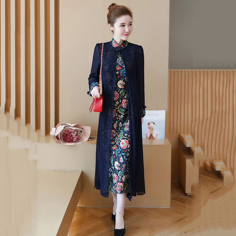 中国风复古立领长裙女 2020春夏款棉麻印花改良旗袍假两件连衣裙