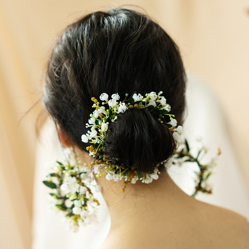 韩式新娘永生花头饰花环盘发套装手工花朵干花发饰