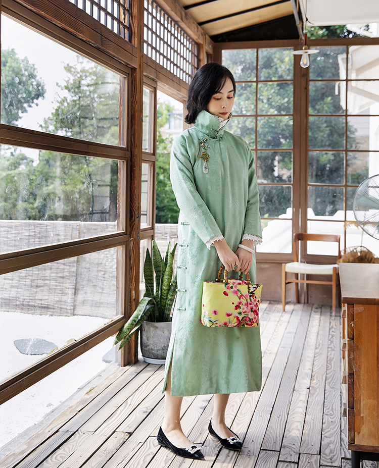 cpp846p盈盈抬酥脚丨凤仙领长袖平裁长款夹棉旗袍旗袍