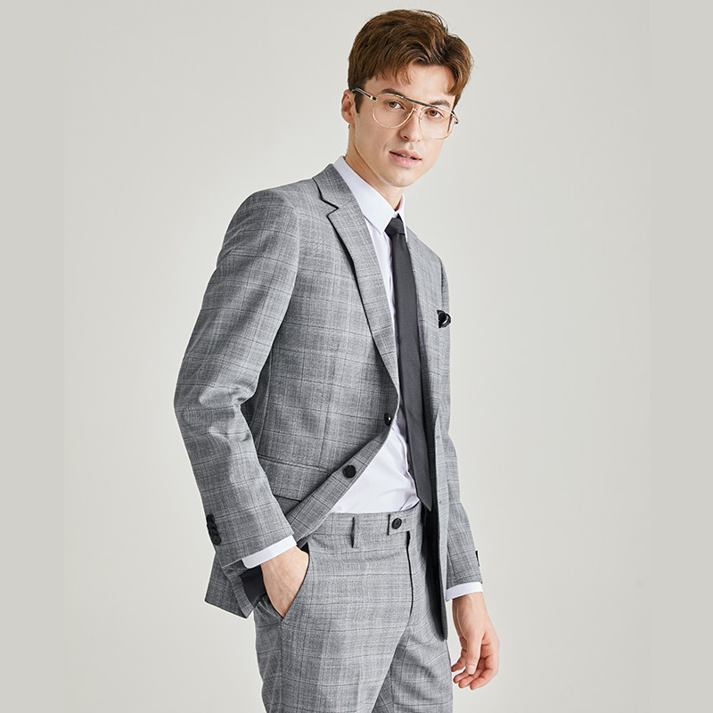 ziozia夏季新款商务时尚男士青年格子纹正西服西服