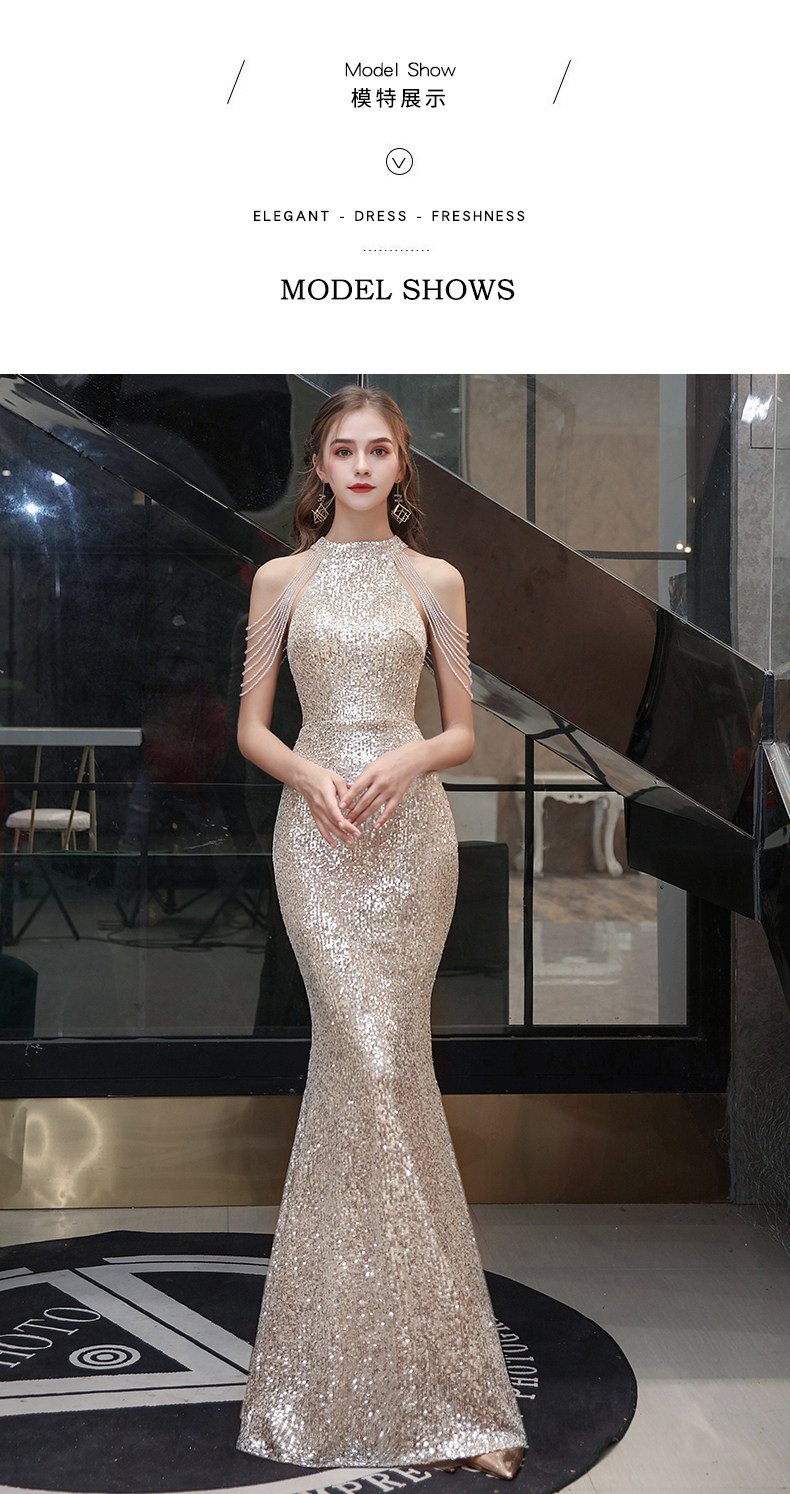 2021新款性感挂脖连衣裙年会宴会鱼尾包臀晚礼服礼服