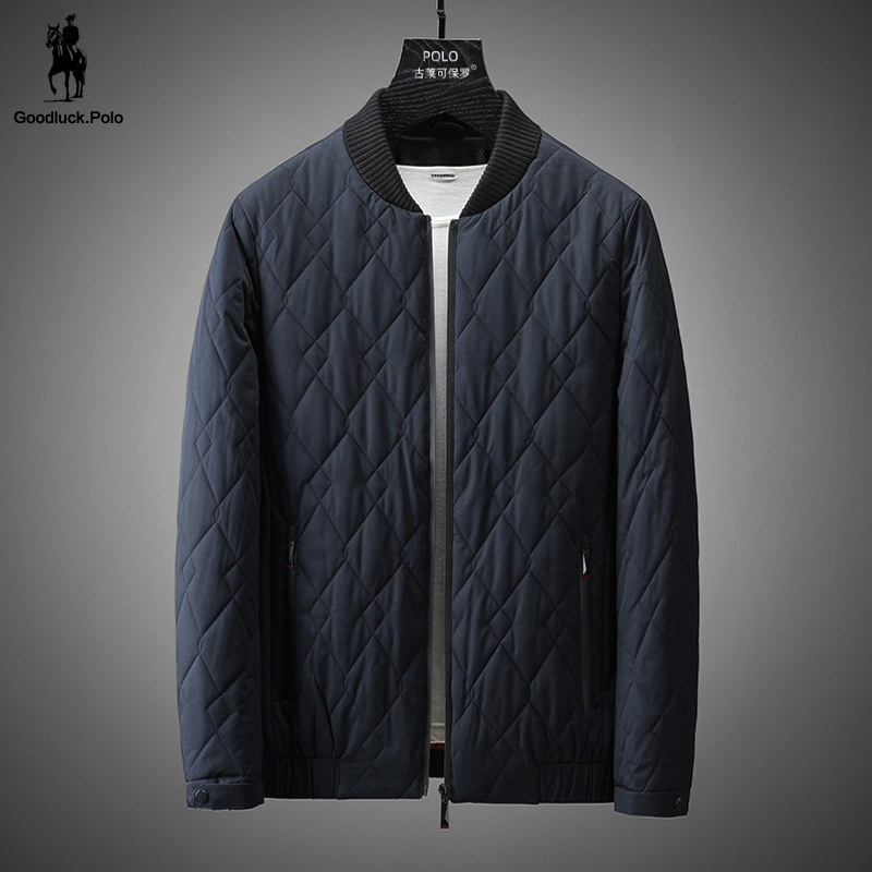 保罗经典男士棒球领夹棉外套2021秋冬高档菱格棉袄中年轻薄棉衣男